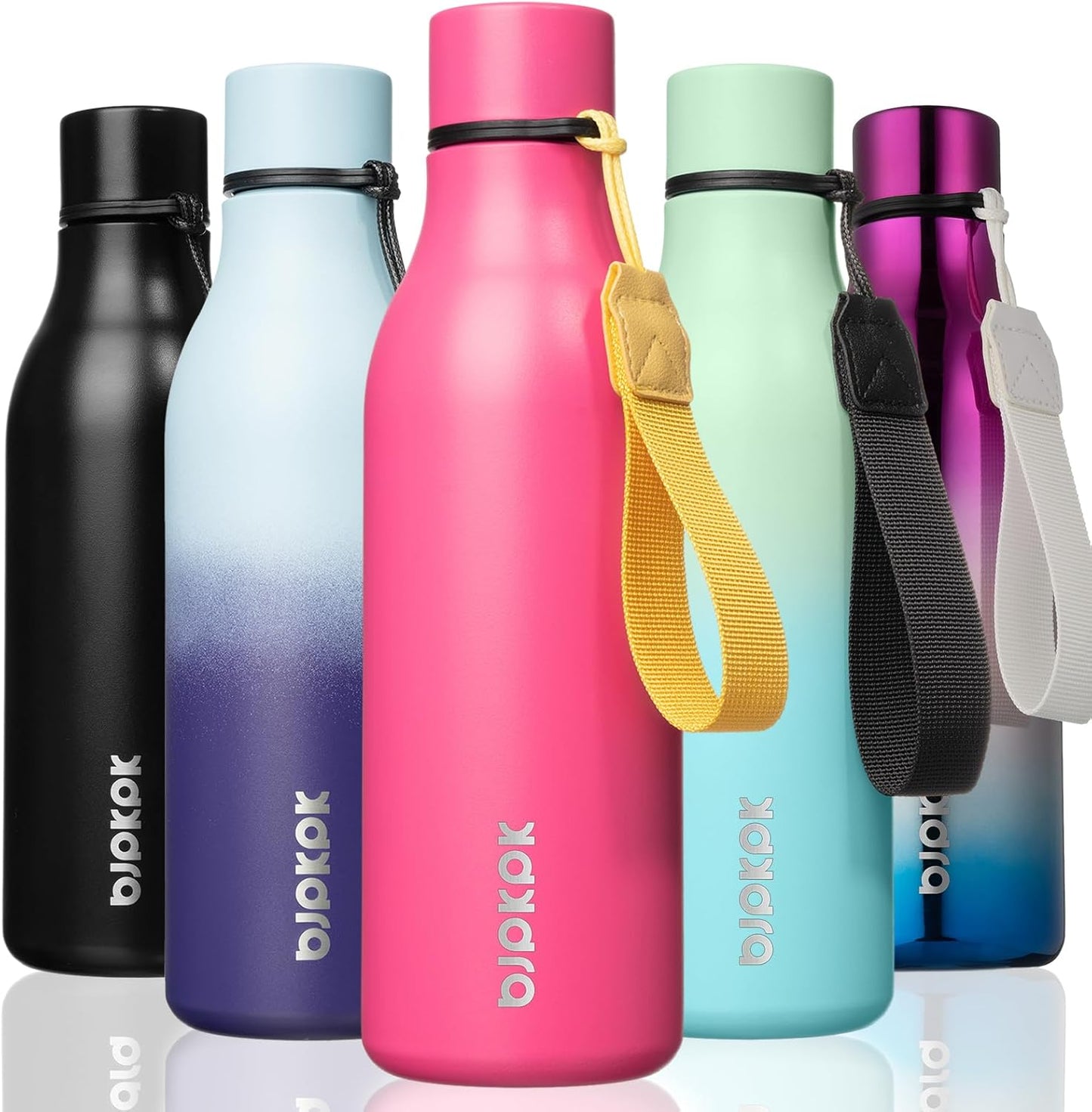 BJPKPK Insulated Water Bottles, 18 oz Stainless Steel Metal Water Bottle with Strap, BPA Free Leak Proof Thermos, Mugs, Flasks, Reusable Water Bottle for Sports & Travel, Pink