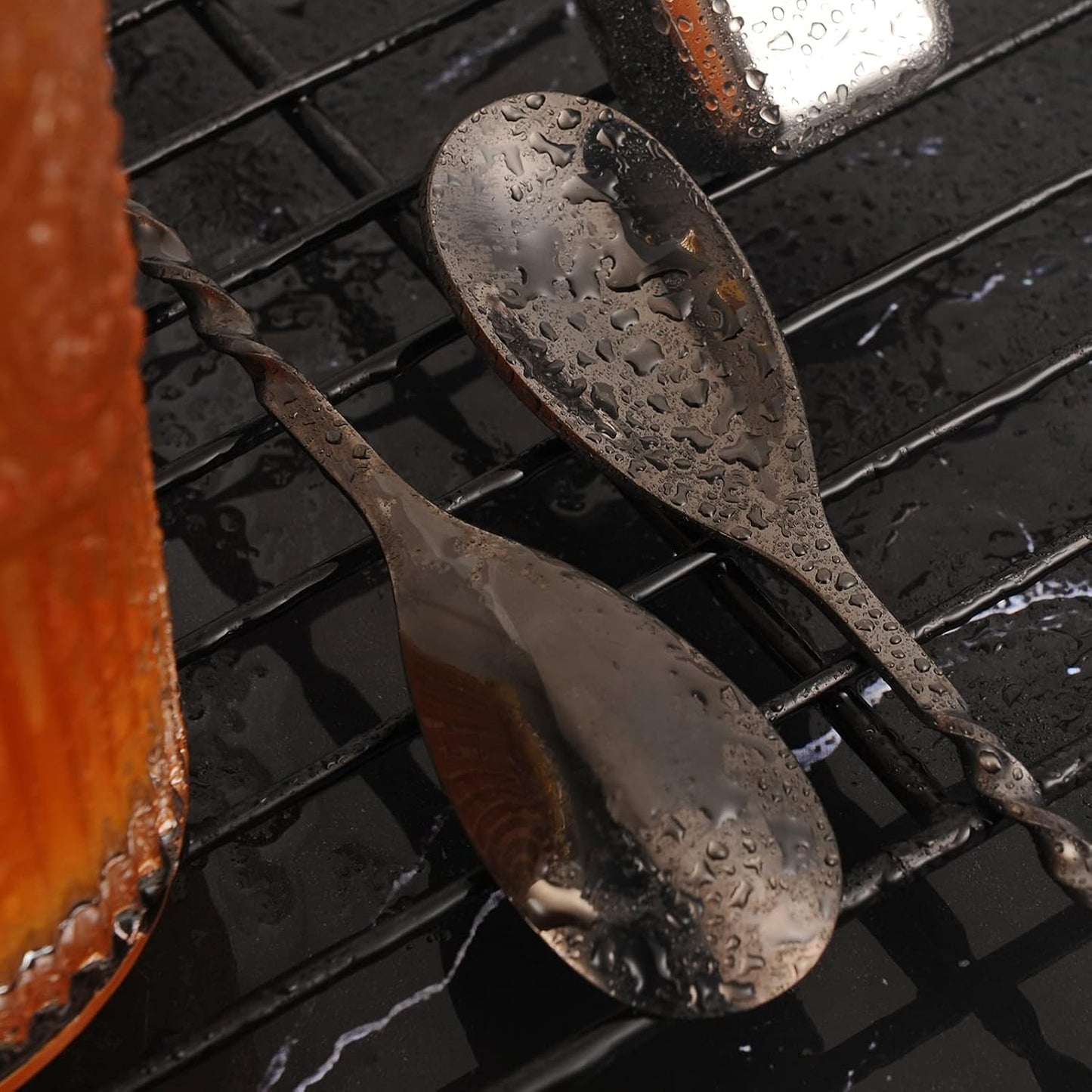 AnSaw Black 12-Inch Stainless Steel Cocktail Spoon with Leaf Handle - Perfect for Mixing & Layering Drinks in Tall Cups, Bar & Shakers - Durable Long Handle Bar Stirrer,2-Pieces