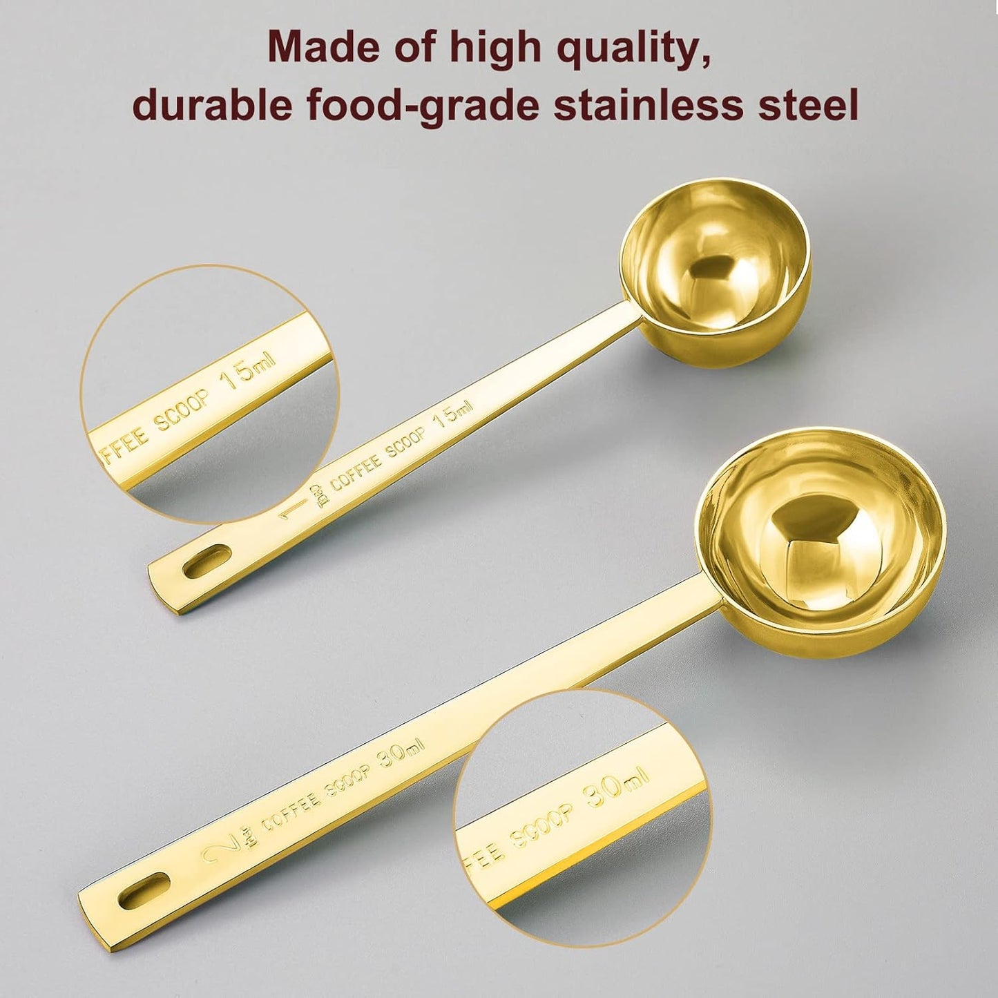Premium Coffee Scoop Set, Set of 2, Metal Stainless Steel Long Handle Coffee Scoop, Measuring Coffee Spoons Contains 1 Tablespoon (15 ml) and 2 Tablespoons (30 ml) Spoon-Gold