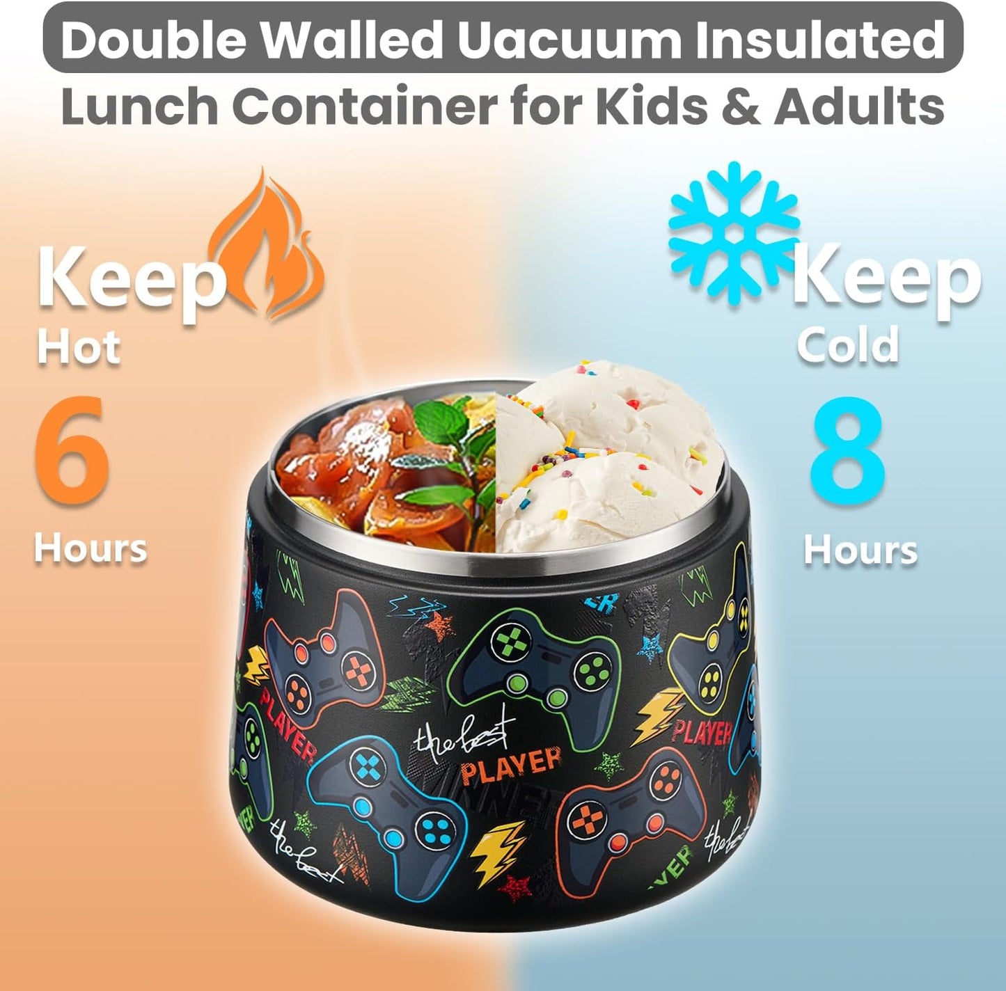 14oz Insulated Vacuum Food Jar with Buckle Lid,Soup Thermo for Hot Food Kids,Wide Mouth Leakproof Stainless Steel Lunch Container with Spoon-Black Game