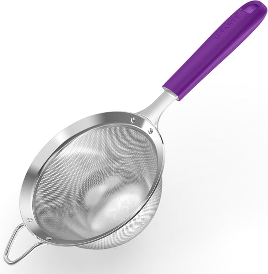 U-Taste Medium Fine Mesh Strainer: 18/8 Stainless Steel 4.73in 30 Mesh Kitchen Food Sieve with Sturdy Riveted Silicone Handle, Heavy Duty Deep Handheld Metal Colander for Rice, Quinoa, Flour (Purple)
