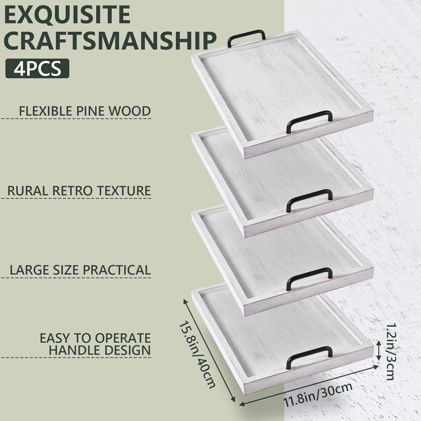 Lallisa 4 Pcs Large Wooden Serving Tray Decorative 15.8 x 11.8 x 1.2 Inch Ottomantray Rustic with Handles Coffee Table Decor Wood Tray Kitchen Platter for Party Tables Breakfast Wedding (White)