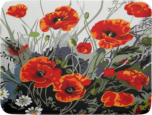 Poppy Dish Drying Mat 18x24 inch for Kitchen Vintage Red Orange Floral Dish Drying Pad Oil Painting Flower Dish Drainer Mats Absorbent Microfiber Protector for Countertop Coffee Bar