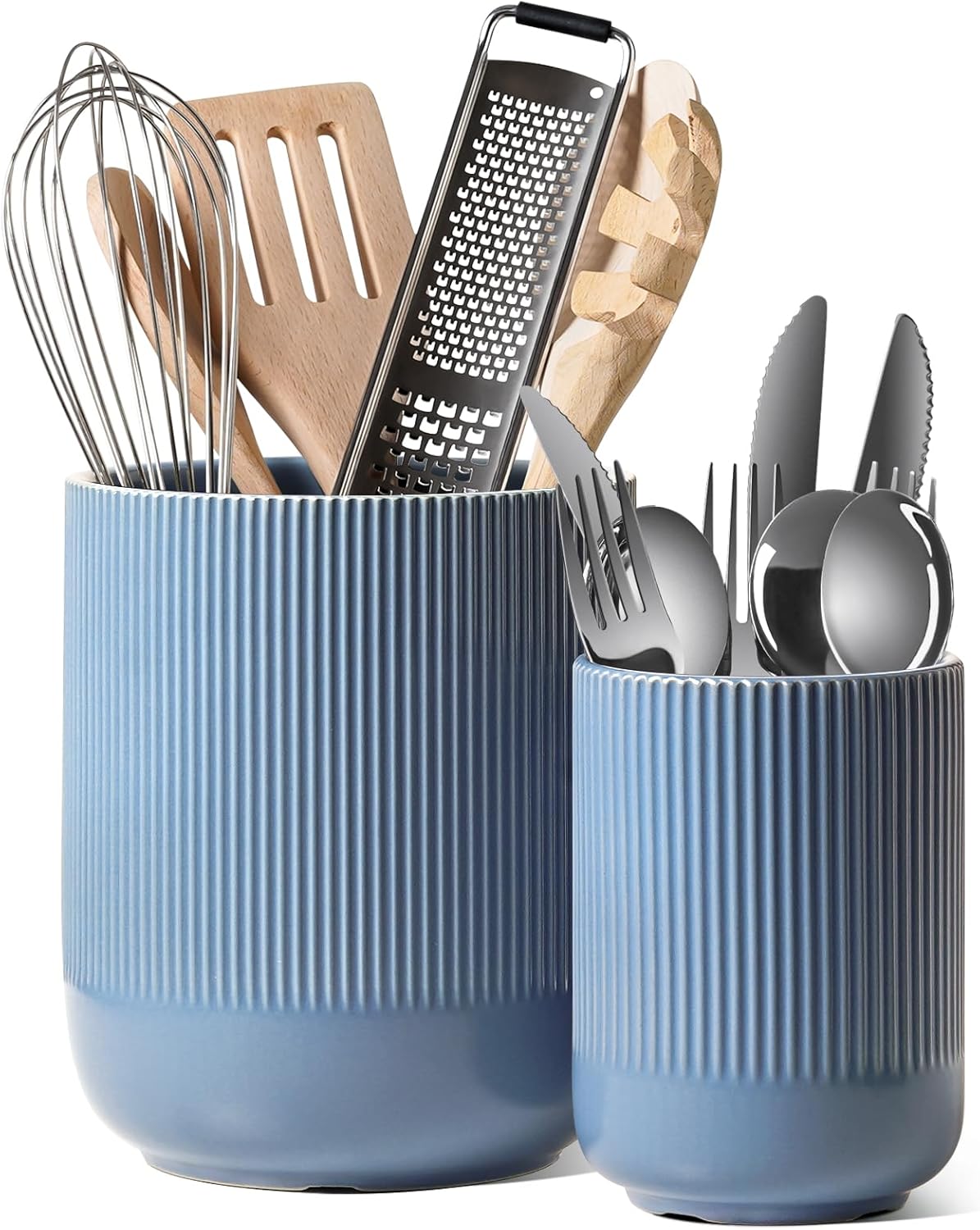 LE TAUCI Utensil Holder, 7.3"+5.4" Ceramic Kitchen Utensil Holder for Countertop, Large Cooking Utensil Crocks for Kitchen Counter, Morden Utensil Organizer for Spatula, Set of 2, Dusty Blue