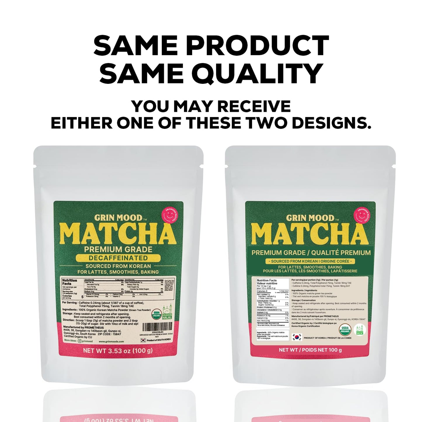 GRIN MOOD Matcha Powder Organic Green Tea Powder - Decaffeinated Green Tea, Authentic Korean Matcha, Halal (3.53oz, Premium Grade)