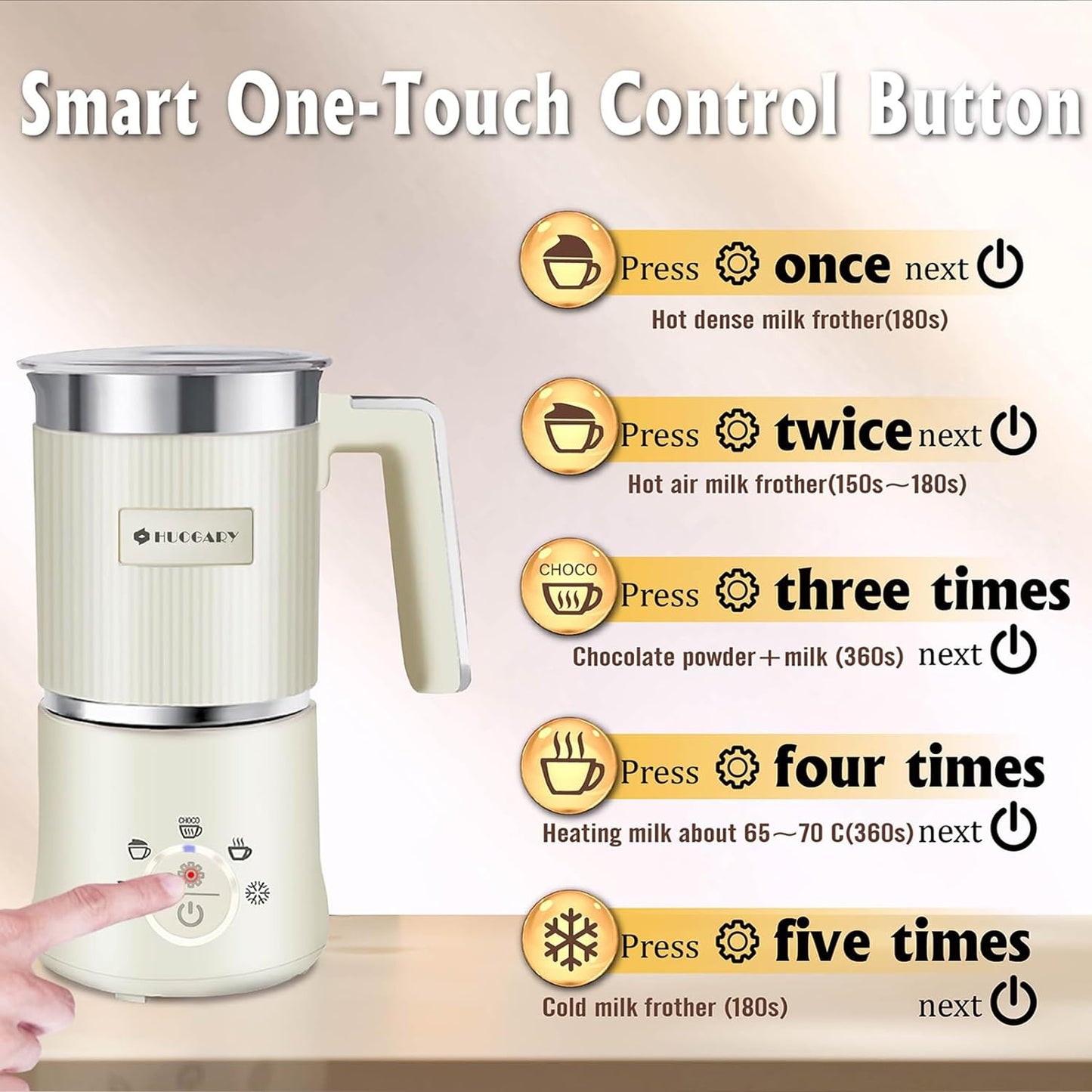 Huogary 5-in-1 Detachable Milk Frother Electric Milk Frother and Steamer Automatic Milk Foamer Frother Hot and Cold Foam Hot Chocolate Maker with Dishwasher Safe (Beige)