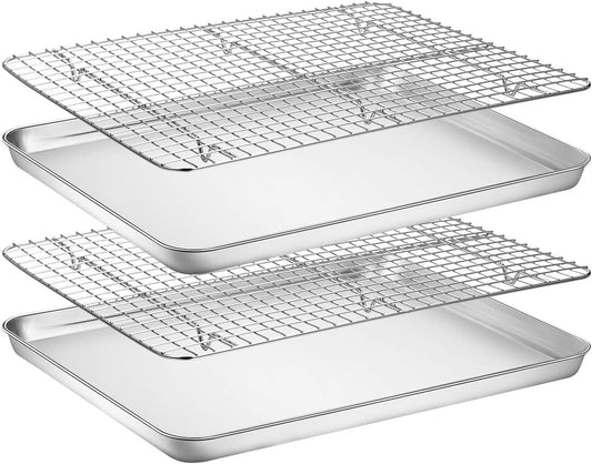 Baking Sheet with Rack Set [2 Pans + 2 Racks], Wildone Stainless Steel Cookie Sheet Baking Pan Tray with Cooling Rack, Size 18 x 13 x 1 Inch, Non Toxic & Heavy Duty & Easy Clean
