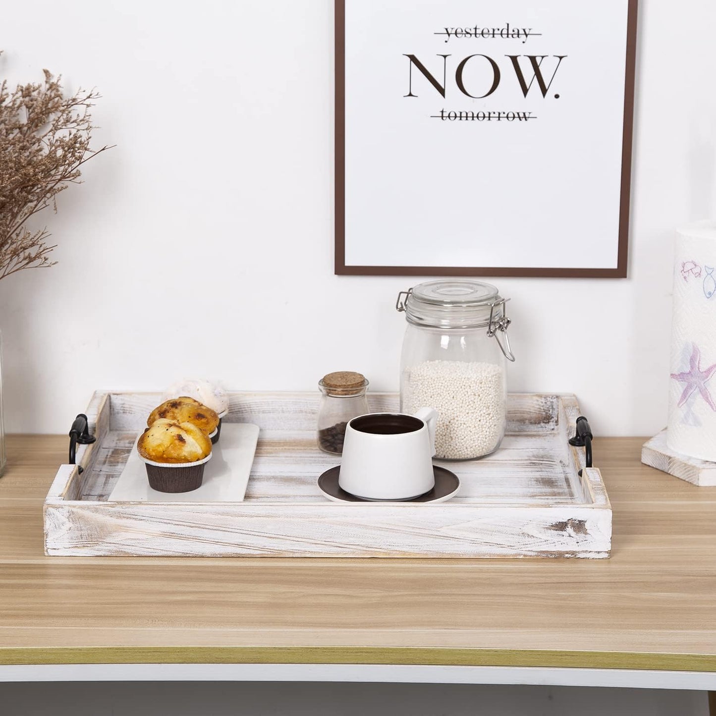 Rustic Vintage Big Wood Food Breakfast Serving Trays with Cutout Metal Handles(20 Inches) Large Nesting Board Decorative Serving Trays Platter in Bed, Ottoman, Coffee Table, BBQ, Party(Washed White