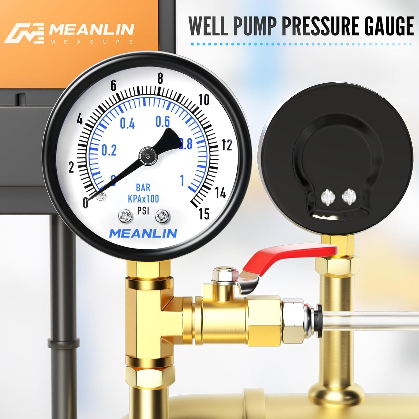 MEANLIN MEASURE 0-15Psi 2" DIAL FACE 1/4" NPT Well Pump Pressure Gauge, with 1/2" NPT and 3/8" NPT Hex Bushing, 3-2-3% Accuracy, Lower Mount