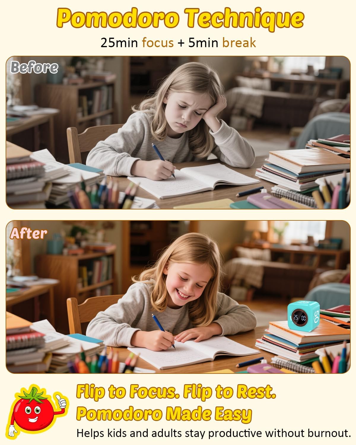 Pomodoro Timer Cube Visual Productivity Flip Timer for Kids Classroom Desk, 5/10/25/50min& Custom Countdown, Silent&Sound Mode Digital Cube for ADHD Study Work School Game Kitchen (Mint Green)