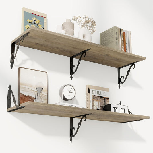 RICHFOCUS 12 Inch Deep Floating Shelves for Wall, 39" W x 12" D Wood Wall Shelves Set of 2, Wide Floating Shelves for Living Room, Bedroom, Kitchen, Bathroom and Decor Storage, Grey