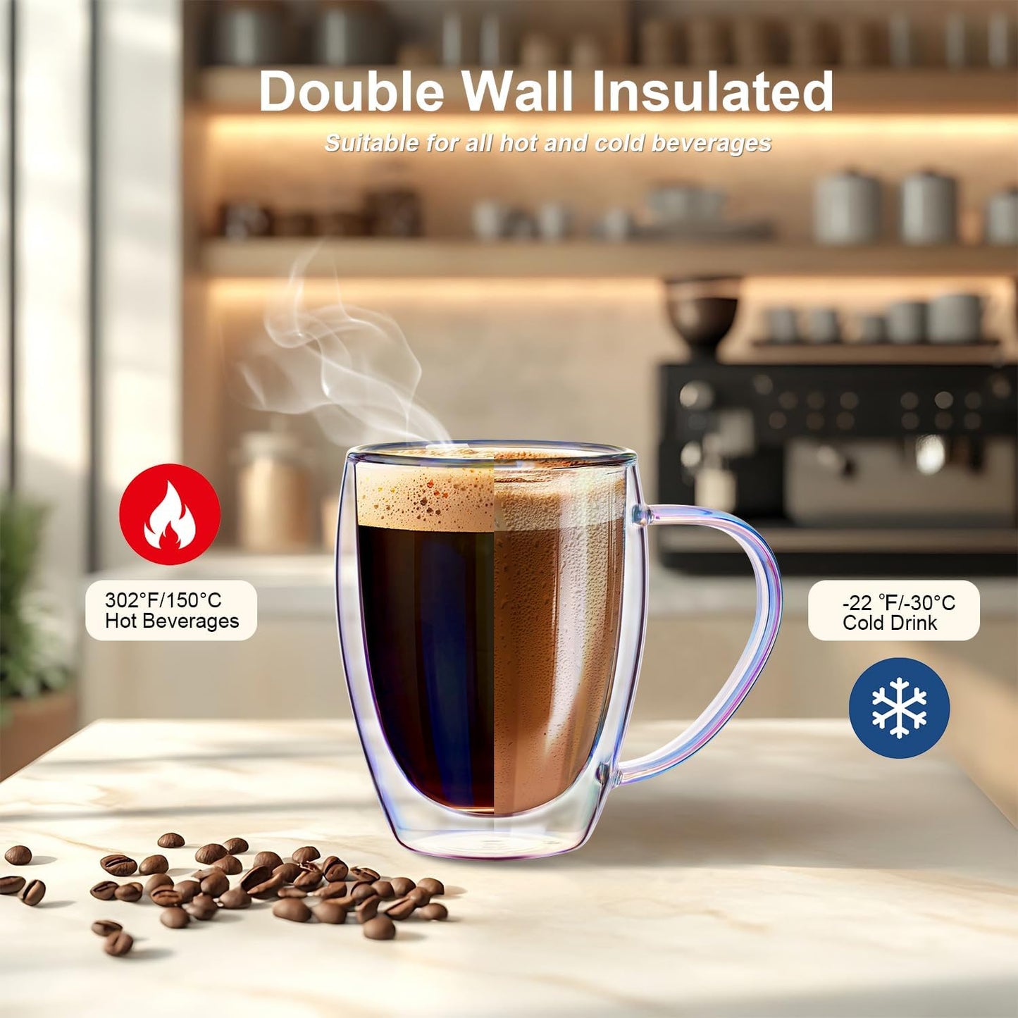 Double Walled Glass Coffee Mugs 12 OZ, Set of 2 Iridescent Glass Cups With Handle Perfect for Espresso, Cappuccino, Latte, Americano, Tea Bag, Beverage