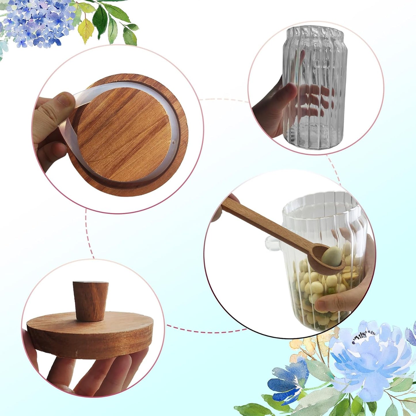 Set of 3 Glass Food Storage Jars with Handles Wood Lid and Spoon, 25 oz Glass Kitchen Canisters for Coffee, Tea, Cereal, Spice and Canning, Mason Jars, Cute Jar