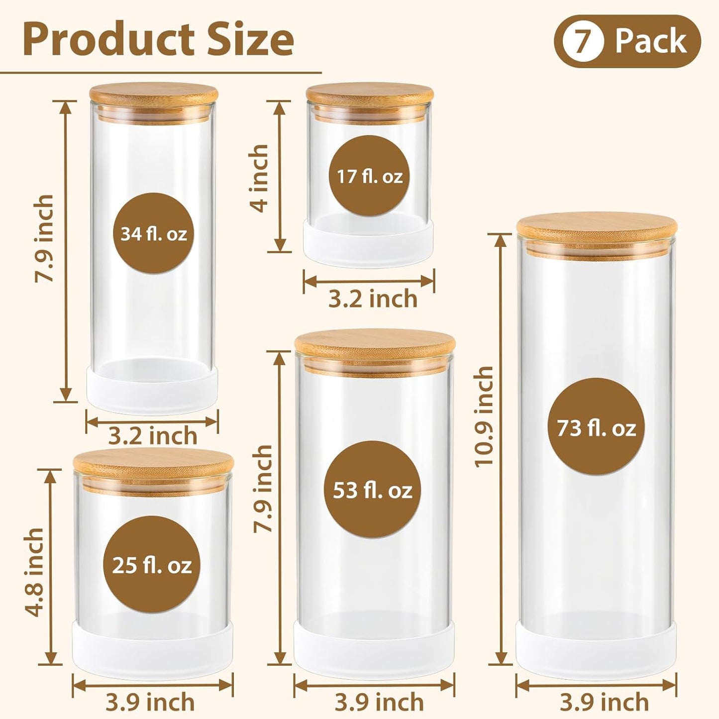 Glass Storage Containers with Bamboo Lids – 7 Pack Airtight Clear Glass Jars in Mixed Sizes (17oz/25oz/34oz/53oz/73oz) for Pantry Organization, Kitchen Dry Food, Coffee, Flour, Pasta & Snacks