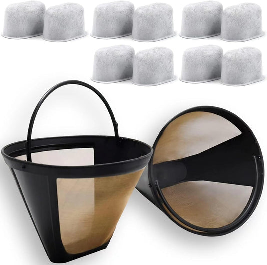 2Pack Reusable Coffee Filter Replacement and 10Pack Charcoal Water Filters Compatible with Cuisinart Coffee Maker