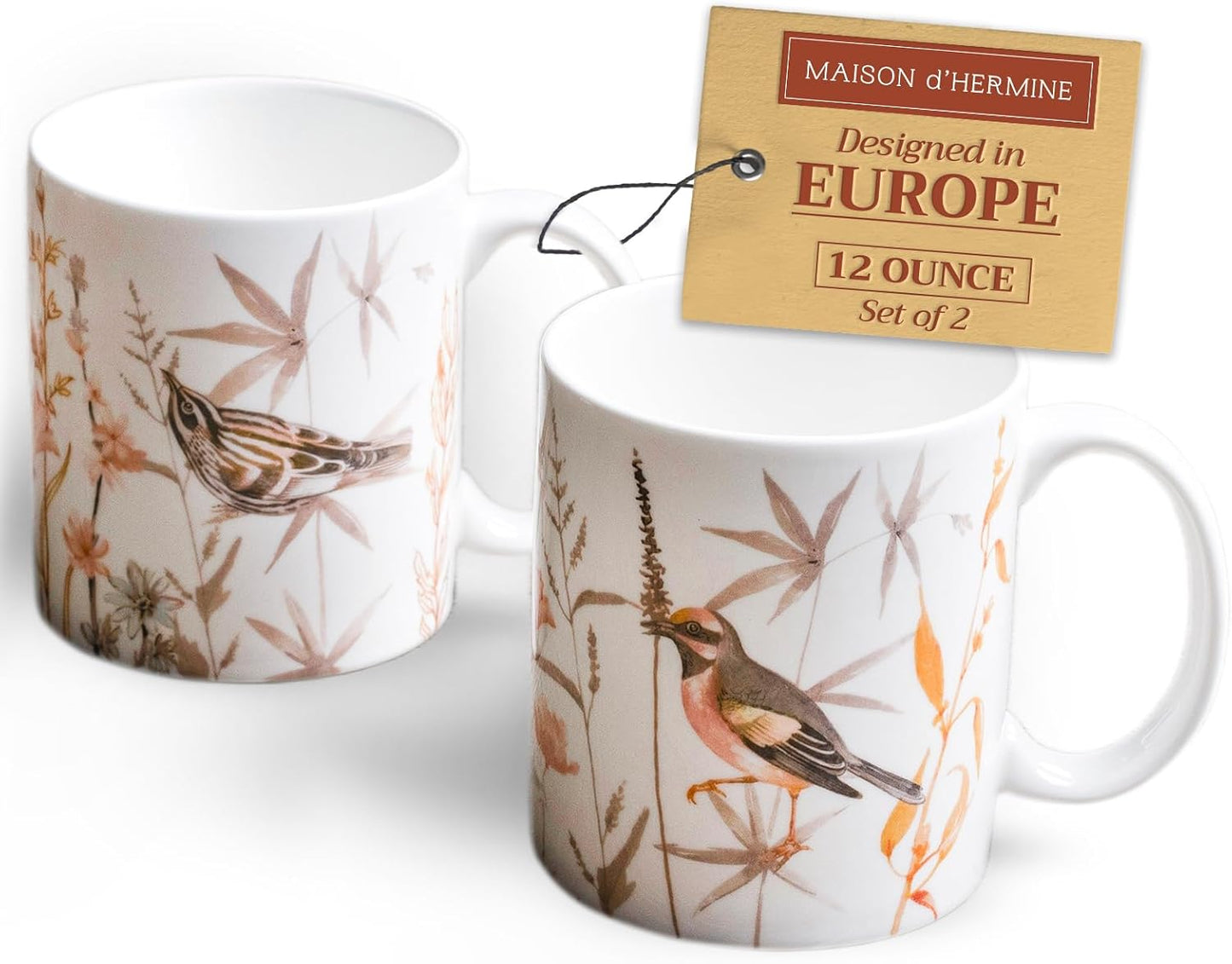 Maison d' Hermine Coffee Mug with Handles Fine Bone China Mugs Pack of Two Tea Cups for Hot Beverages Cappuccino Latte Home Restaurant Office Perfect for Gift (Meadow Florals, 12 Ounce)