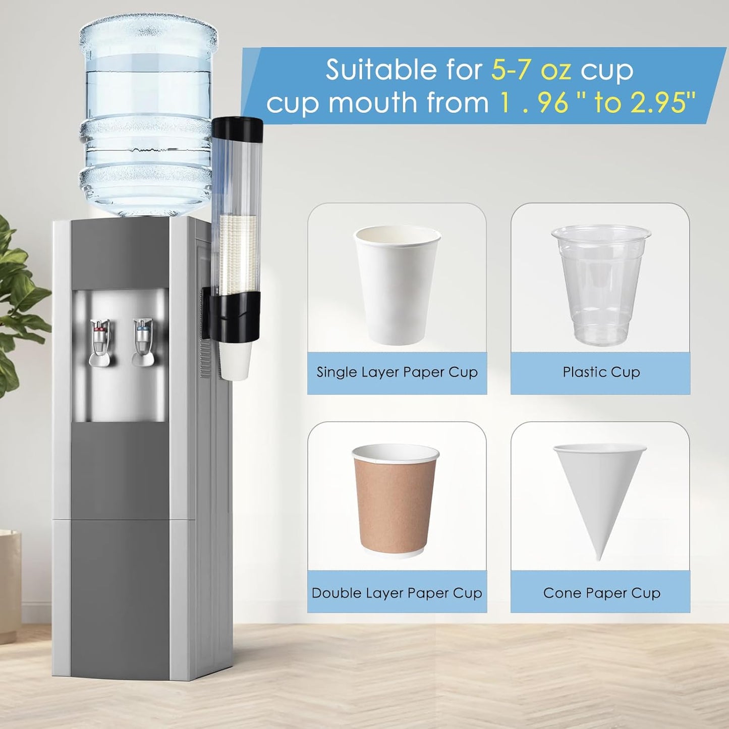 Medium Pull Type Cup Dispenser, Paste or Screw Plate Mountable Cups Holder, Fits 5oz - 7oz Cone or Flat Bottom Cups, 16” Tube Length, Mounting Water Dispenser Cooler or Wall (Medium, Black)