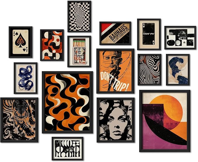 ANERZA 16 PCS Framed Retro 70s Wall Art Decor, Eclectic Vintage Wall Prints by ANERZA