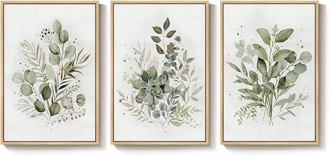 Framed Botanical Wall Art for Living Room, 3 Piece Neutral Sage Green - Image 9