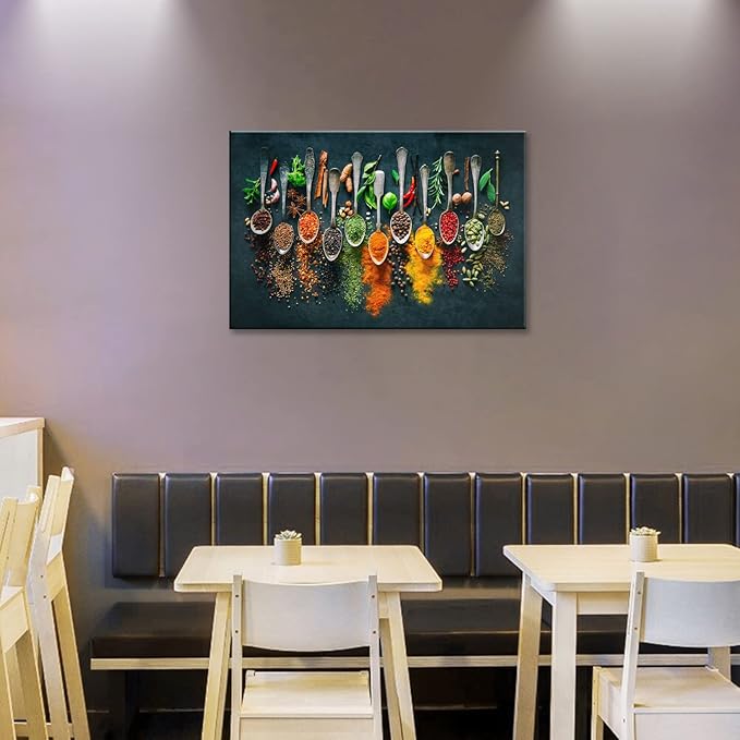 Framed Large Kitchen Wall art Pictures Decor Couful Spice in Spoon Vintage - Image 4