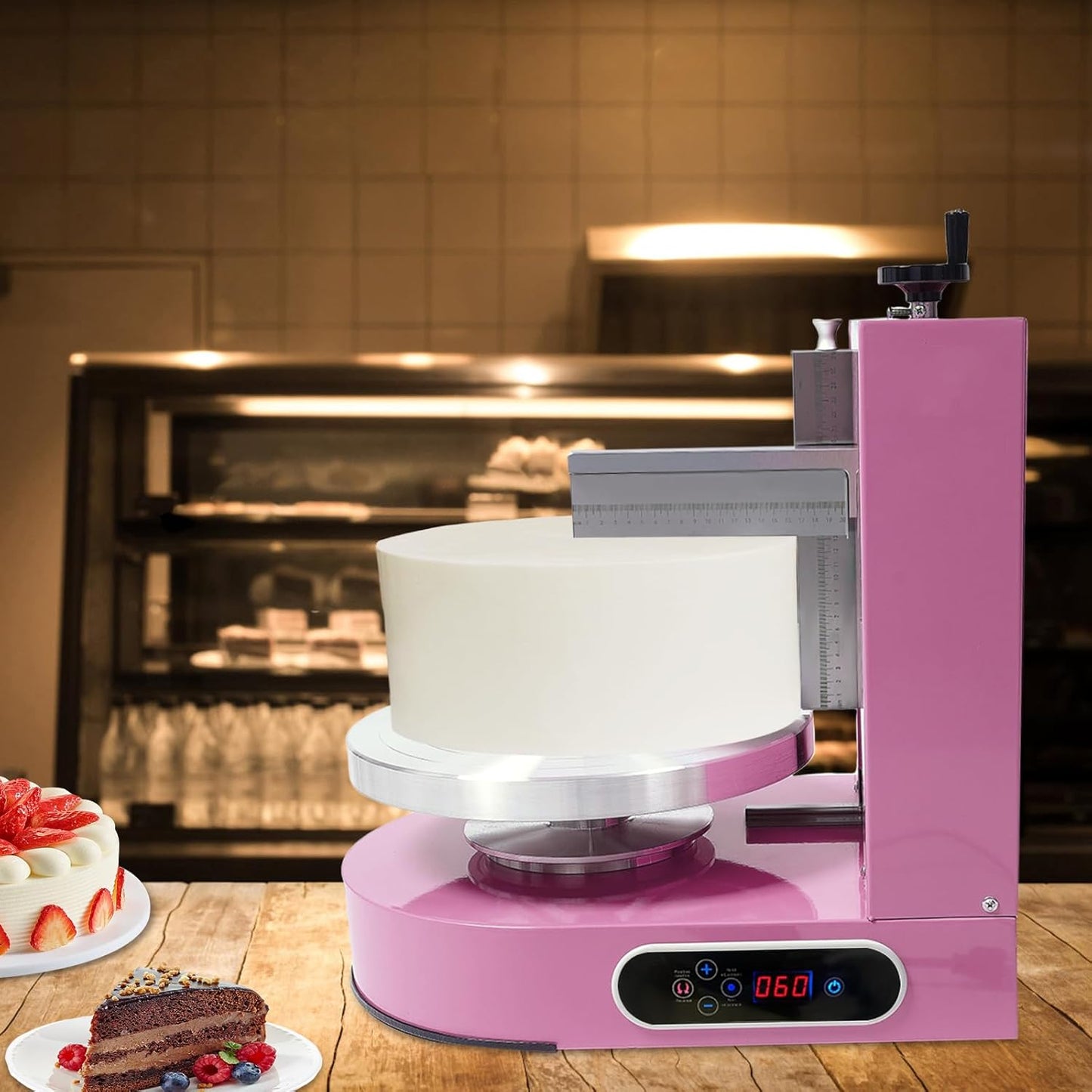 Cake Decorating Machine, 200W Electric Cake Cream Spreading Coating Machine with Adjustable Scraper, Turntable Cake Frosting Smoother, for 4-12in Cake, 60-320RPM (Pink)