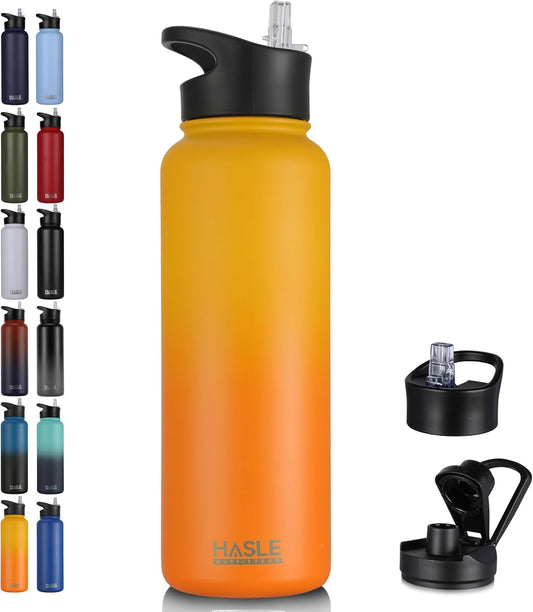 HASLE OUTFITTERS 40oz Stainless Steel Water Bottle, Vacuum Insulated Double Walled Leak Proof Sports Water Bottle with 2 Lids (Straw and Spout Lid) Keep Cold and Hot(Yellow Orange Gradient,1)