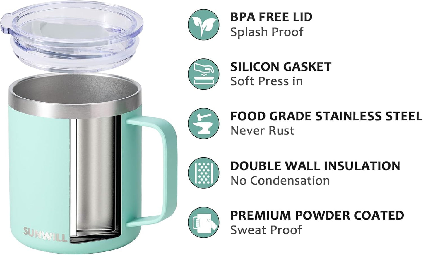 SUNWILL Travel Coffee Mug with Lid, Insulated Tumbler with Handle, 14 oz Stainless Steel Cup Set for Camping, Outdoor, Powder Coated Sakura & Mint 2 Pack