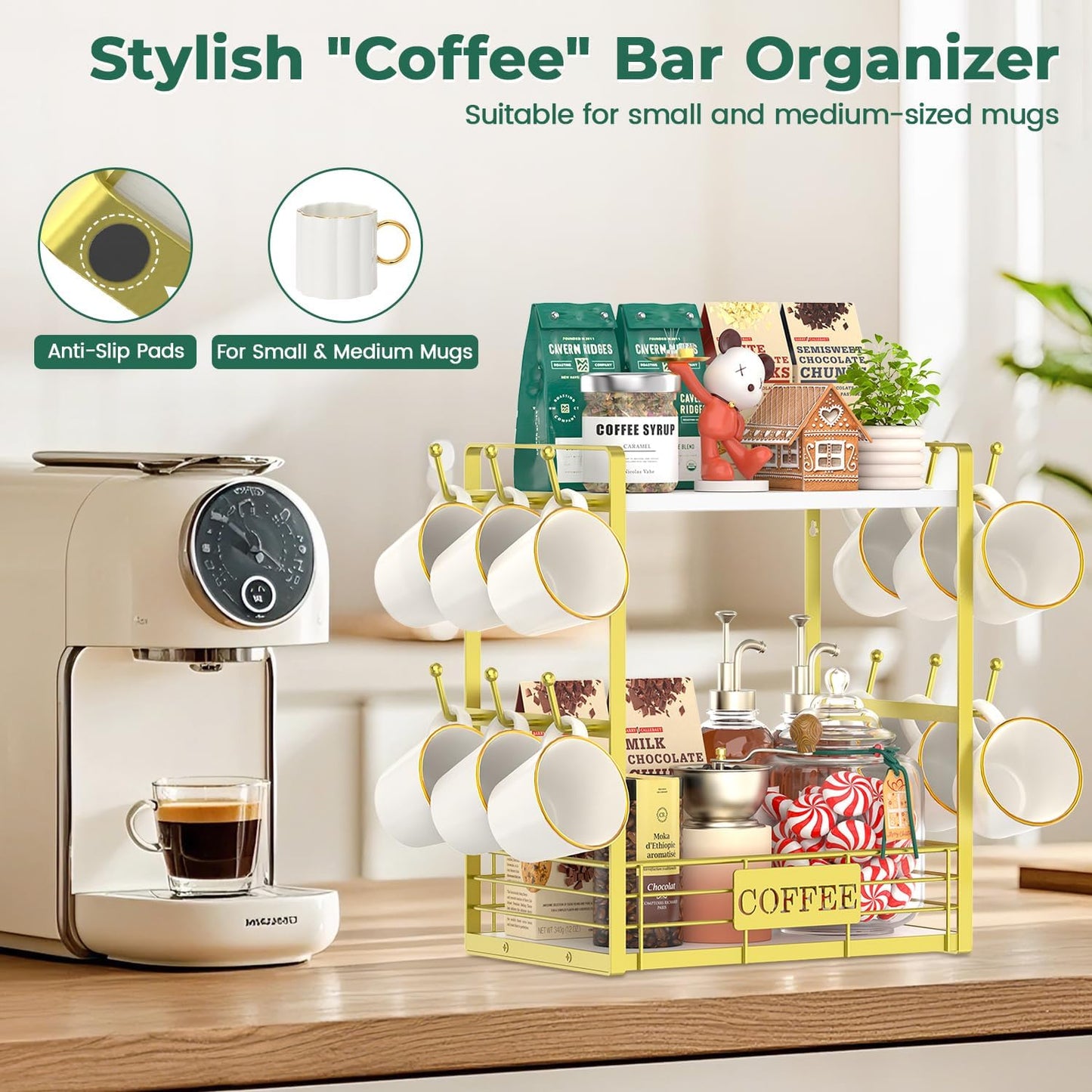 EsLuker.ly Coffee Mug Cup Holder Tree Bar Station Organizer, 2 Tier Mug Stand Rack for Countertop Kitchen, Storage Tower Display Shelf with 12 Hooks, Coffee Nook Enhancer, White-Gold