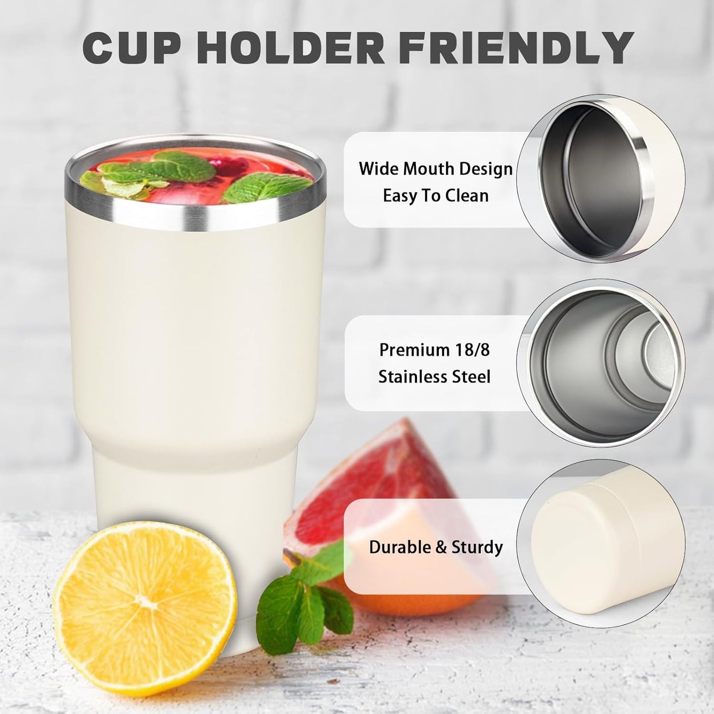 30 oz Tumbler with Lids and Straws, Stainless Steel Insulated Coffee Tumbler, Double Wall Vacuum Insulated Travel Mug Cup, Leakproof Thermal Coffee Cup for Hot and Cold Drinks (Cream)