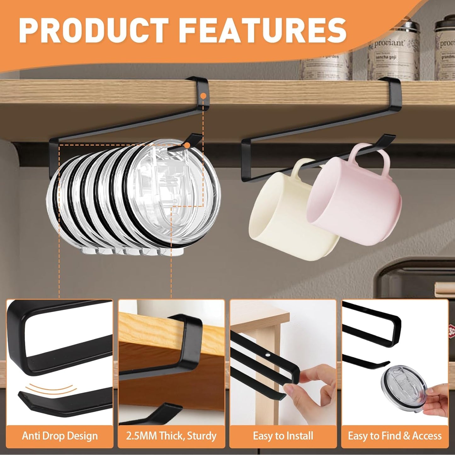 Tumbler Lid Organizer, 2 Pack Coffee Mug Holder for Yeti Tumbler Lid, Space Saving Mug Hanger Rack Holds Up to 12 Lids, Cup Holder Under Cabinet, Water Bottle Lid Holders for Kitchen Storage