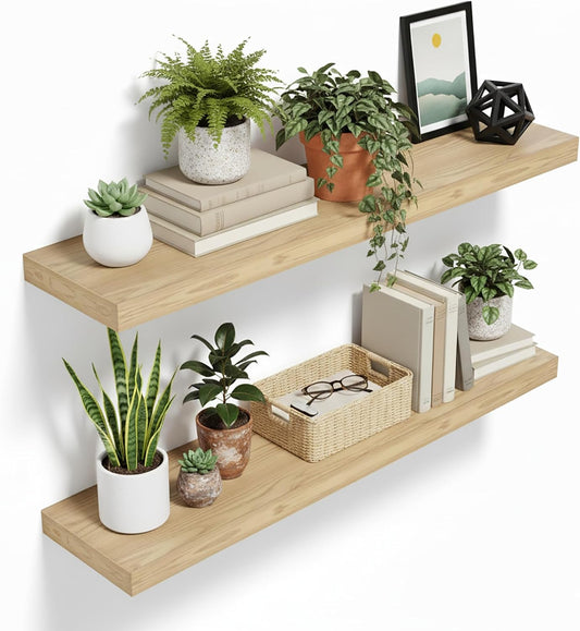 Lufia Floating Wall Shelves, Set of 2, MDF with Invisible Brackets, Modern Storage for Bedroom, Bathroom, Living Room, Kitchen (Oak, 28" W X 7" D X 1.5" H)
