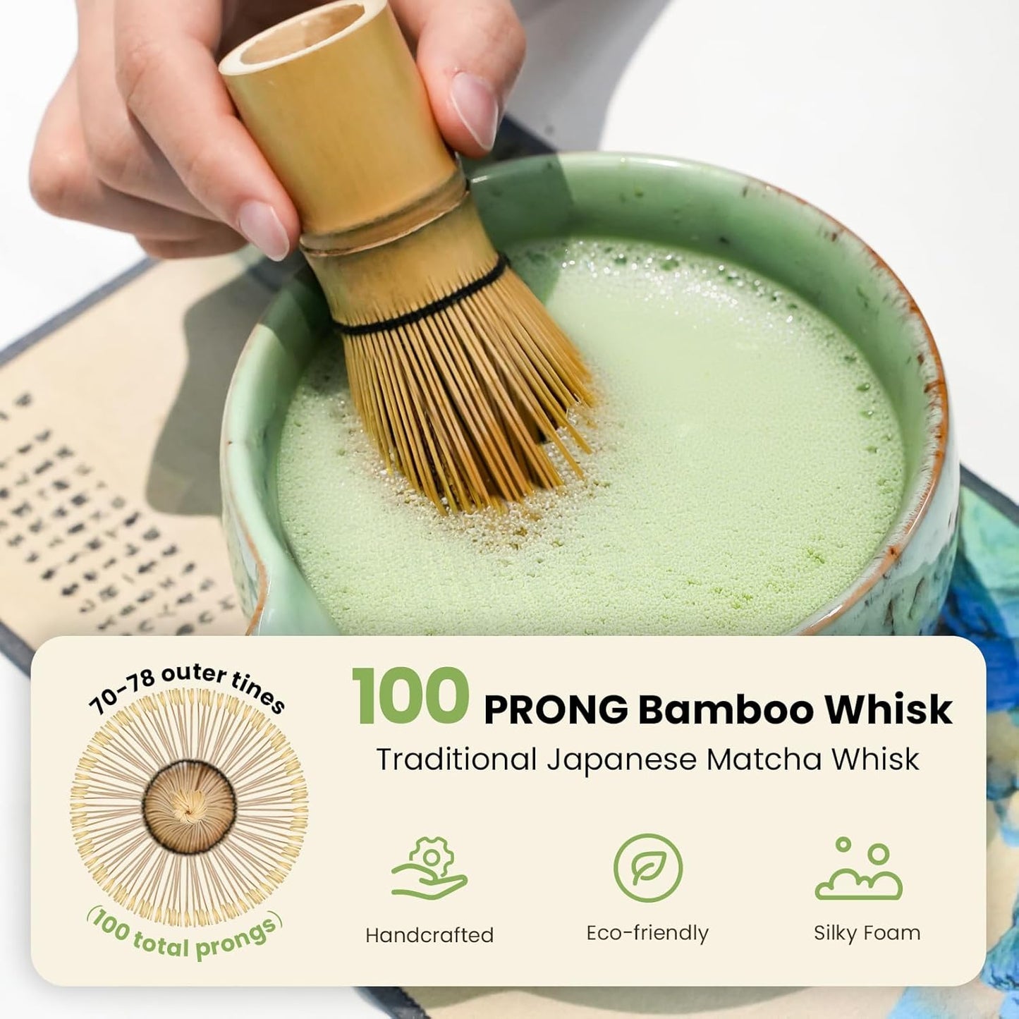 Matcha Whisk Set, Ceramic Matcha Set Includes Matcha Bowl, Whisk & Holder, Scoop, Sifter, Spoon, Scoop Rest, Tea Mat, Hand Book - 9 Pcs Kit for Matcha Lovers (Green)