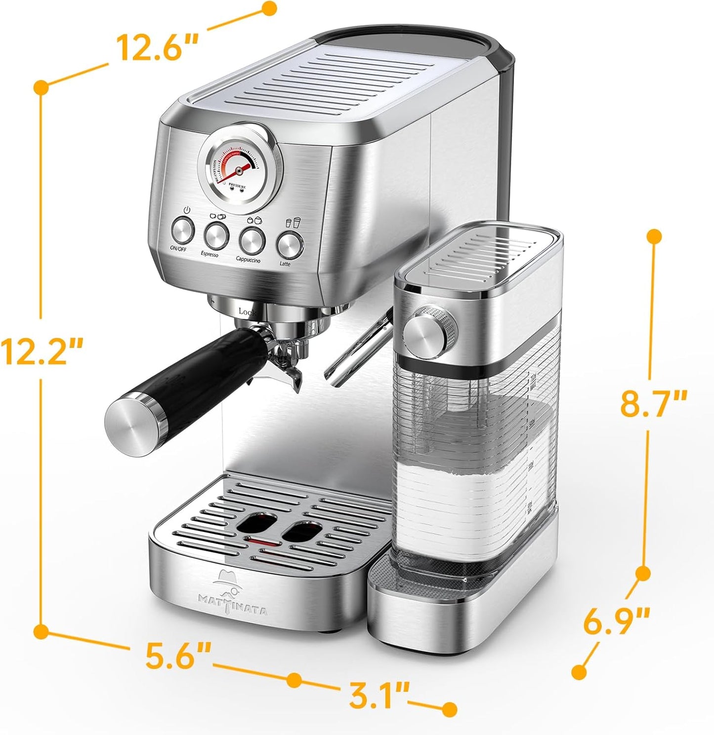 Cappuccino Coffee Machine with Automatic Milk Frother, Compact Espresso Machine with Pressure Gauge, Stainless Steel Cappuccino Maker with for Home, Office
