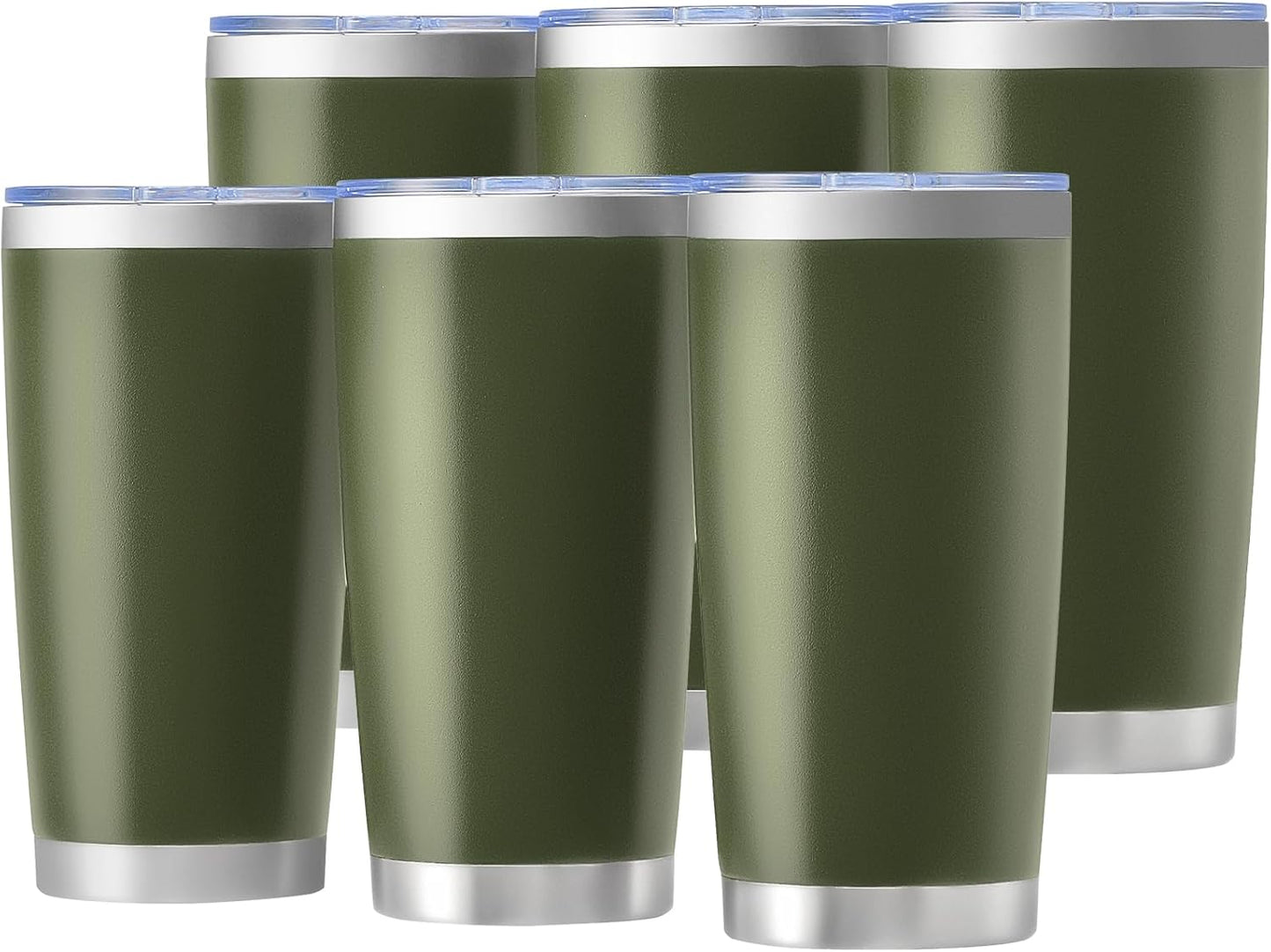 OMTech 20oz Tumblers Bulk, 6pc Stainless Steel Tumbler Set with Lid & Straw, Double Wall Vacuum Insulated Mug for Laser Engraver, Travel Coffee Mug for Hot & Cold Drinks, Army Green Powder Coated Cup