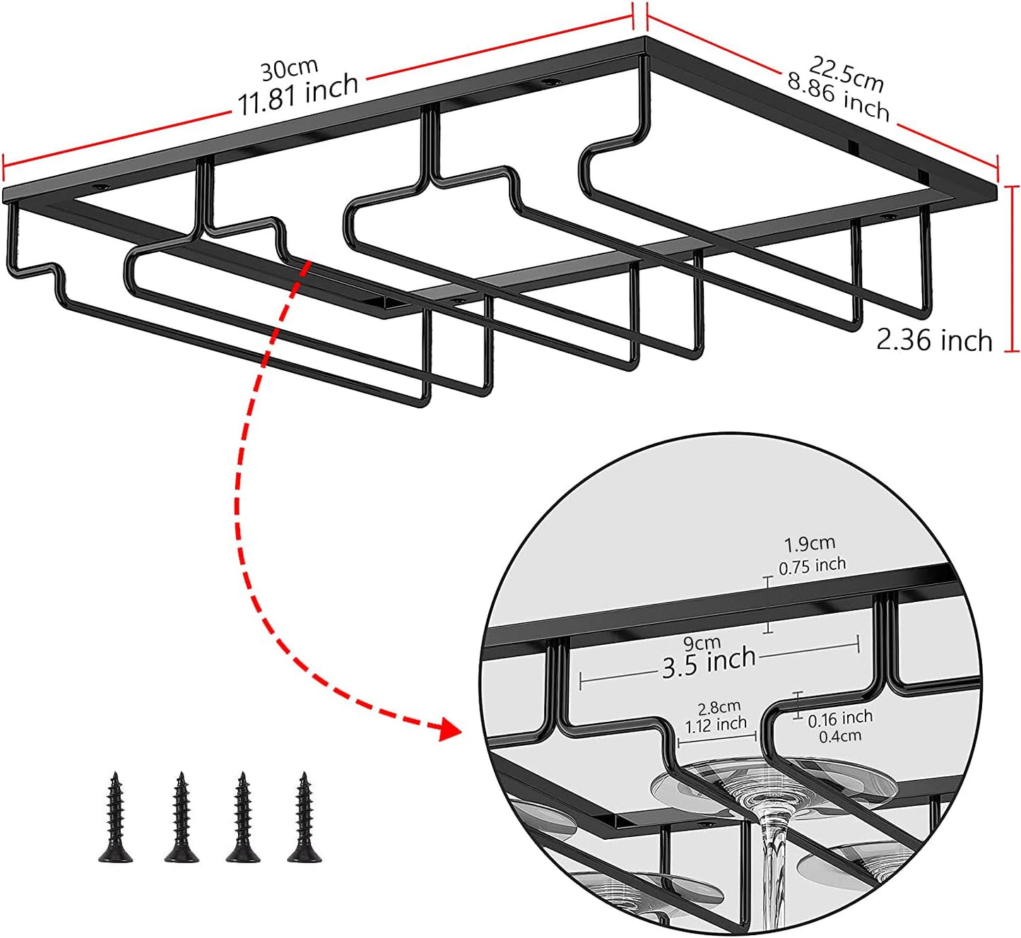Wine Cup Holder Table Decoration Storage Hanger Metal Organizer for Bar Kitchen Stemware Rack Under Cabinet Stainless Steel Hanger Storage Shelf Black (Black, 3 Rows 2 Packs)
