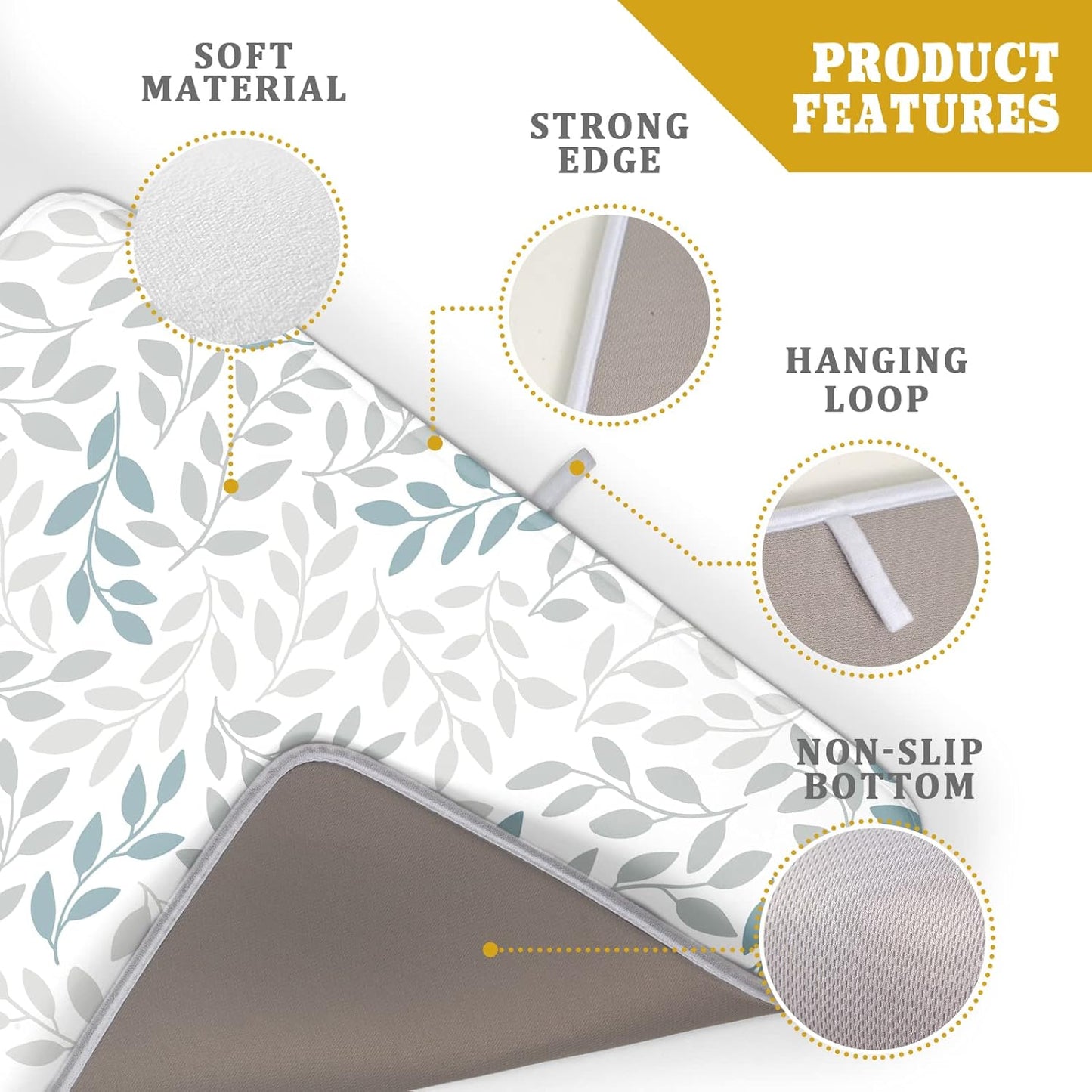 Dish Drying Mats for Kitchen Counter 16x18inch，Grey and Blue Leaves branches Dish Drying Mat for Kitchen Dishes Pad Dish Drainer Rack Mats Absorbent Fast Dry Kitchen Accessories