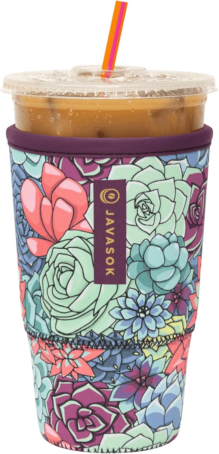 Sok It JavaSok Iced Coffee & Cold Soda Insulated Neoprene Cup Sleeve (Succulents, XLarge: 38-42oz)