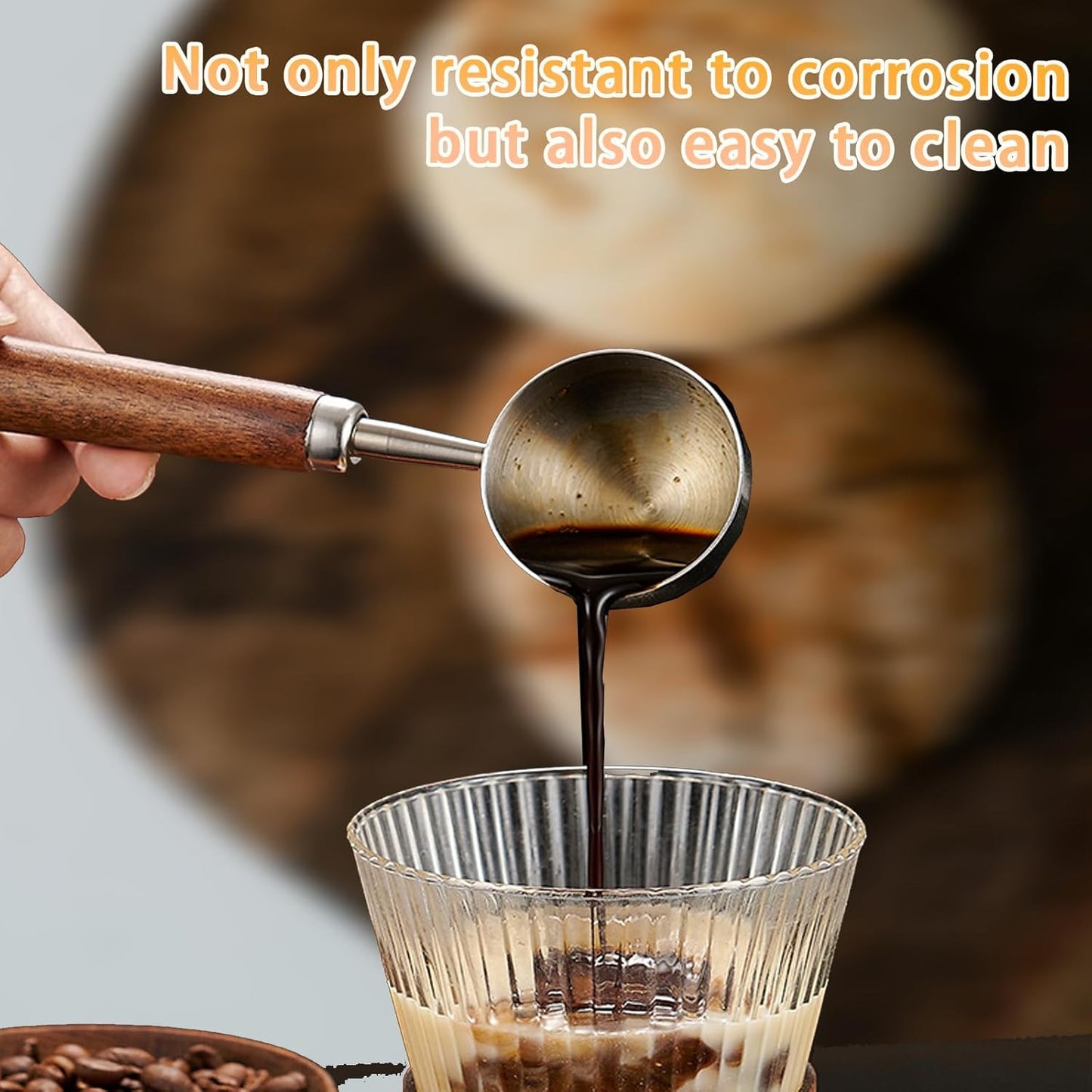 2PCS Vintage Coffee Measuring Spoon， 30ml/10g Capacity coffee scoop for ground coffee、Coffee Beans And Tea，304 Stainless Steel coffee spoons with long Wooden Handle（Silver)