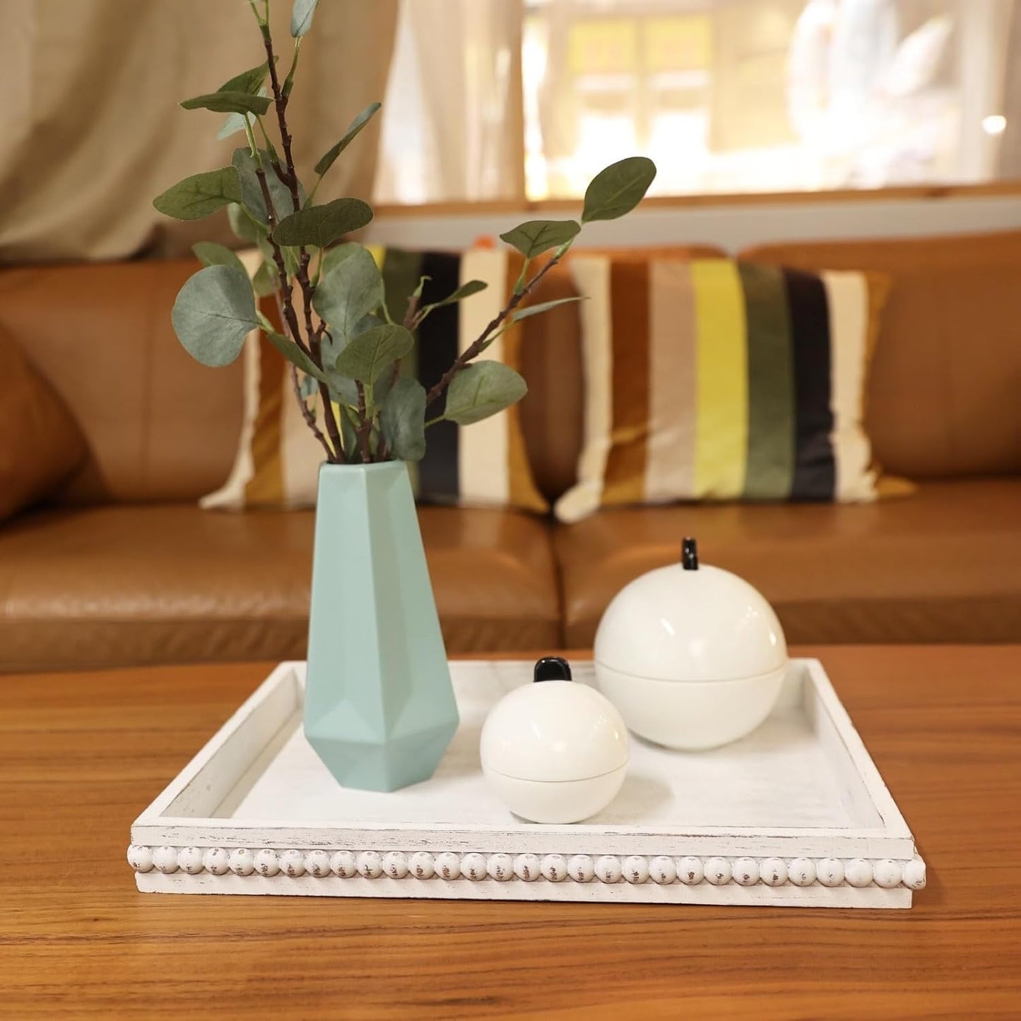 Wood Decorative Coffee Table Serving Tray, Farmhouse Rectangular Tray with Wooden Bead for Ottoman, Entertaining, Home Decor, 15.7”*11.8”*1.57” (Whitewashed)