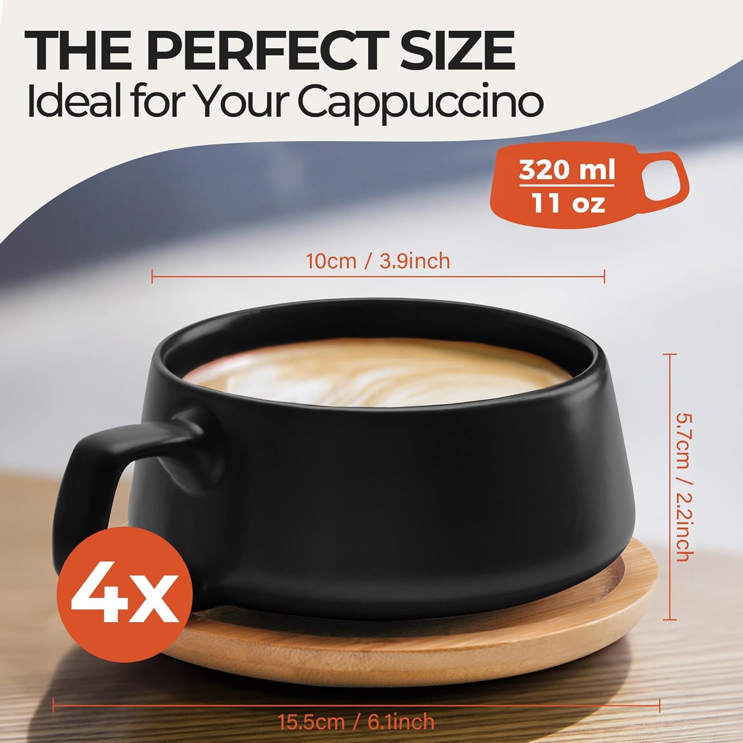 MIAMIO – 11 Oz., Set of 4 Ceramic Tea Cup and Saucer Bamboo/Tea Mug - Wide Cappuccino Cup, Coffee Cups Ceramic Mug for Cappuccino, Latte, Espresso & Americano - Luxe Collection (Black)