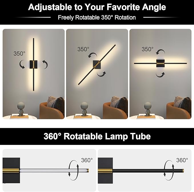 Wall Sconces Set of Two with Remote Control 29.1 in Dimmable Black Gold Battery - Image 6
