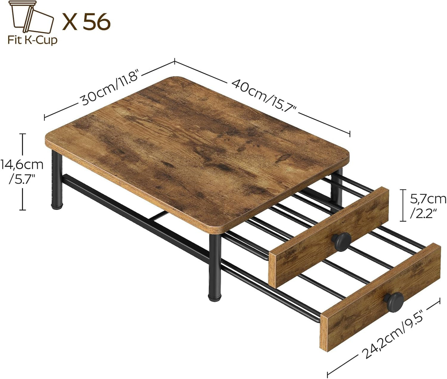 Coffee Pod Drawer Holder for K Cup, 56 Pods Capacity, 2 Tier Organizer for K Cup, Coffee Pod Organizer for Countertop, Space Saving, Easy Assembly, Rustic Brown KH28BRY1