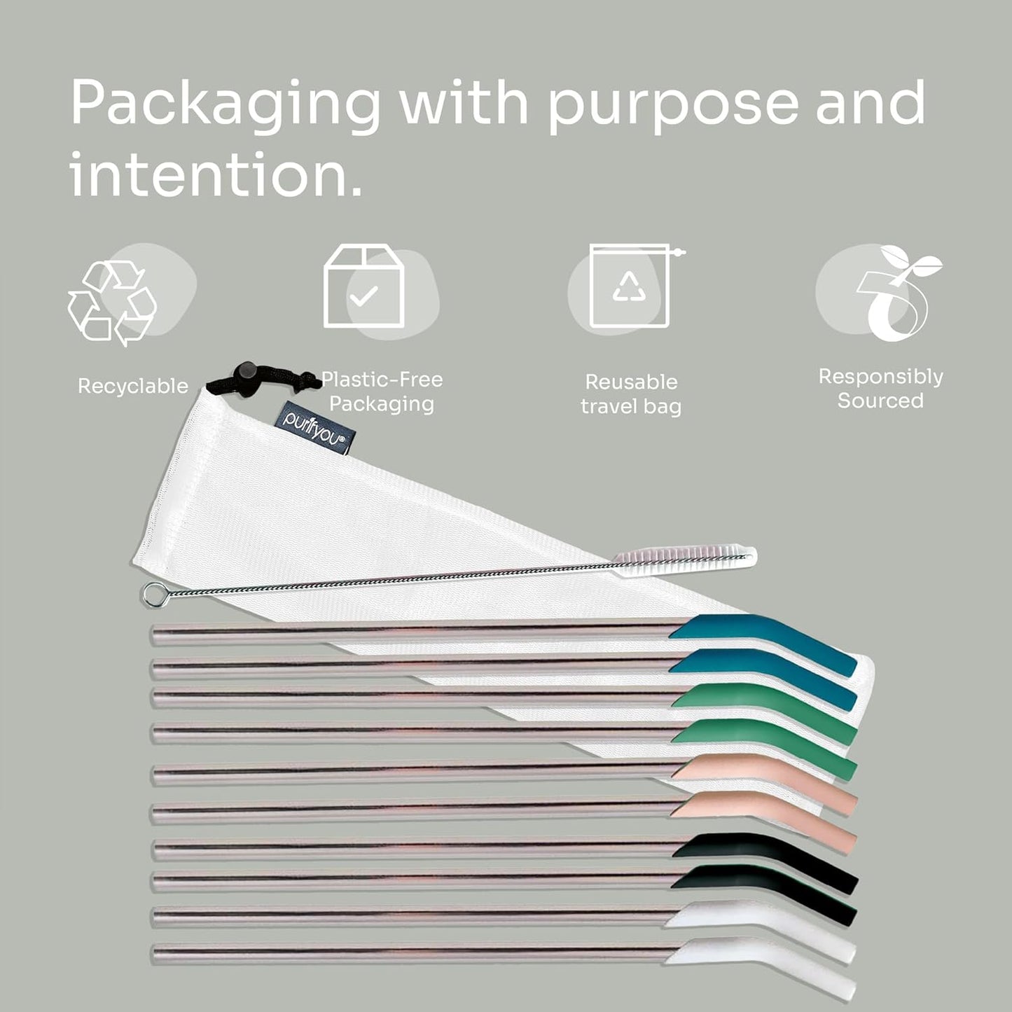 purifyou 14.5" Stainless Steel Straws with Silicone Tips, Extra Long & Wide Reusable Metal Straws for Tumblers, Smoothies, Milkshakes (Set of 10 with Brush)