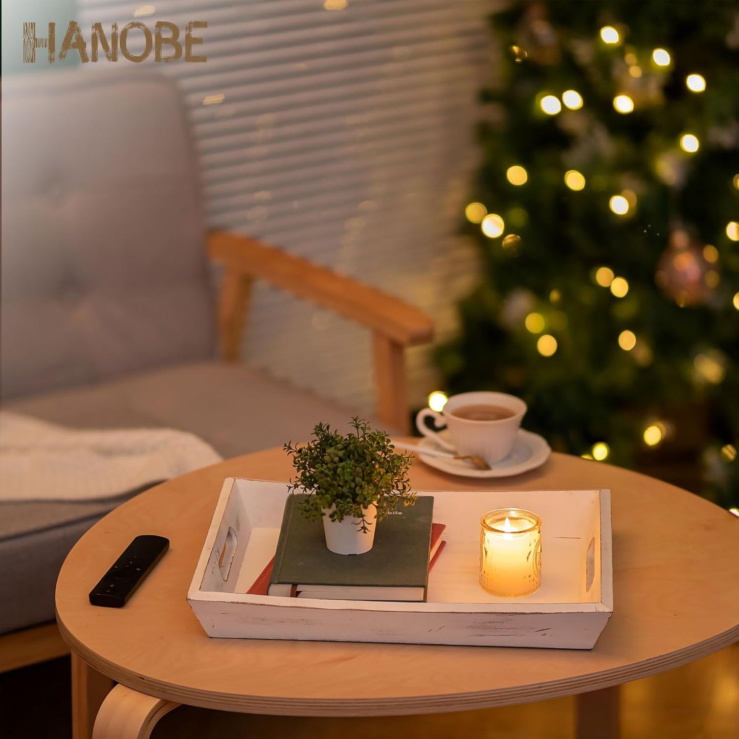 Hanobe Decorative Wooden Serving Tray: Rustic Wood Ottoman Trays for Coffee Table Rectangular Tray with Handles for Living Room Kitchen Home Decor, White