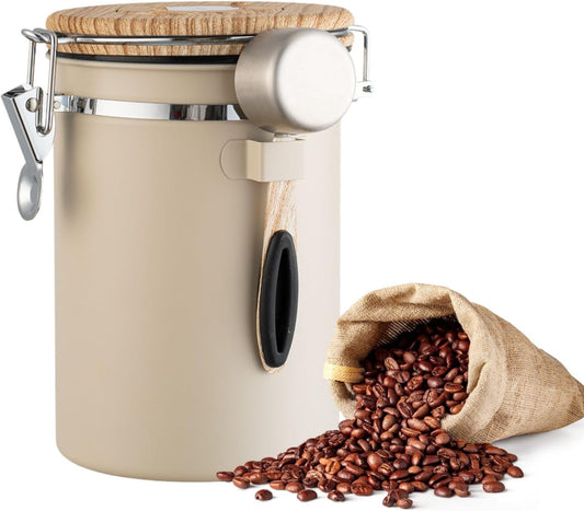 Airtight Coffee Canister 1.8L with Wooden Lid Scoop Set, 304 Stainless Steel Food Storage Container with CO₂ Valve, for Beans, Grounds, Tea, Sugar, Flour, Nuts (Beige,1.8L)