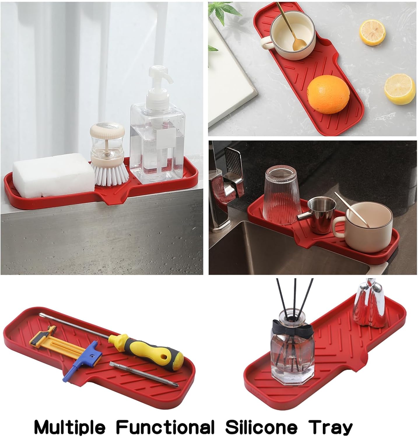 Silicone Bathroom Soap Dishes with Drain Spout-Bathroom and Kitchen Sink Organizer,Sponge Holder,Dish Soap Tray,Perfect for Dispenser,Scrubber,Bottle,Cup on Sink or Counter-Red 12"×4"