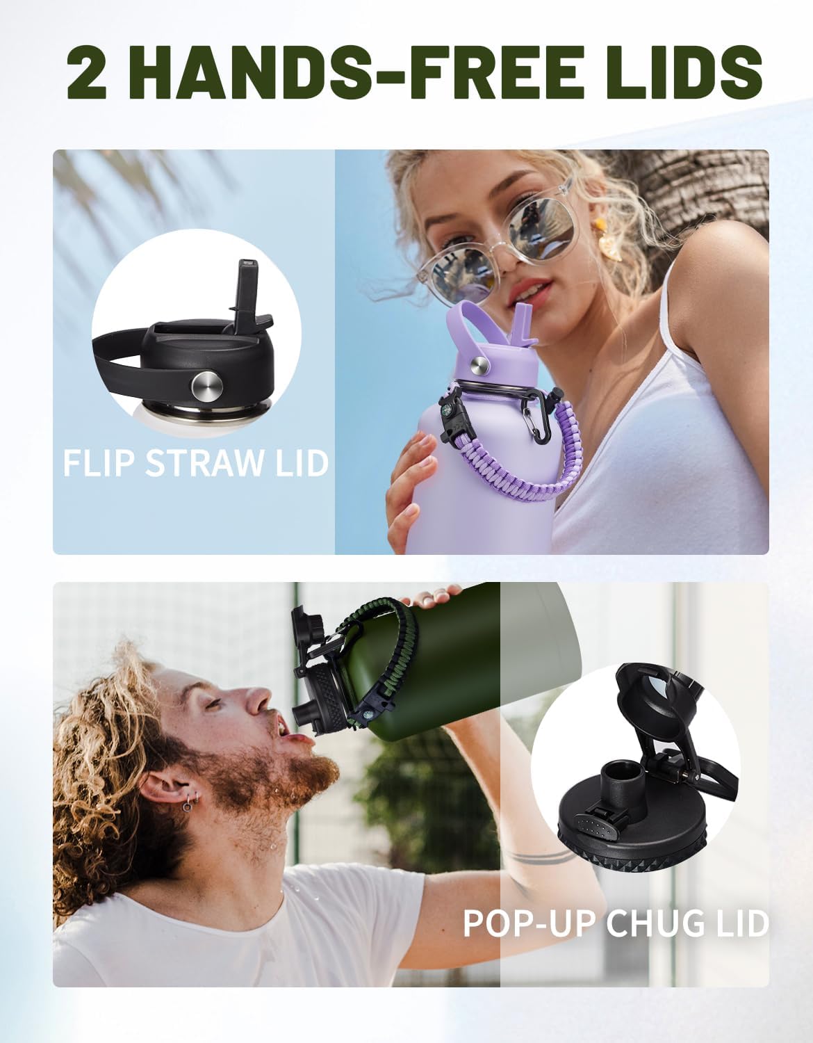 Half Gallon Water Bottle Insulated - 64 oz Water Bottle with Carrying Sleeve, Paracord Handle, Straw Spout Lid, Leak-proof Metal Hydro Water Jug for Workout Sport Hiking Gym, Purple Big Flask Thermo