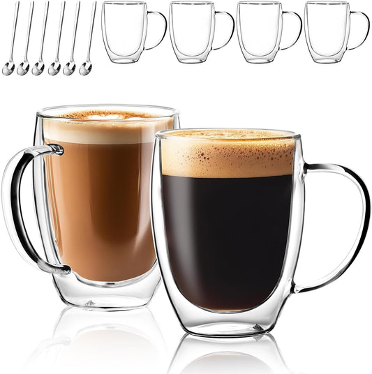 Double Wall Glass Coffee Mugs 12 OZ, Clear Coffee Cup With Handle,Insulated Coffee Mugs Set of 6 With Spoons Perfect for Espresso, Cappuccino, Latte, American,Tea Bag, Beverage