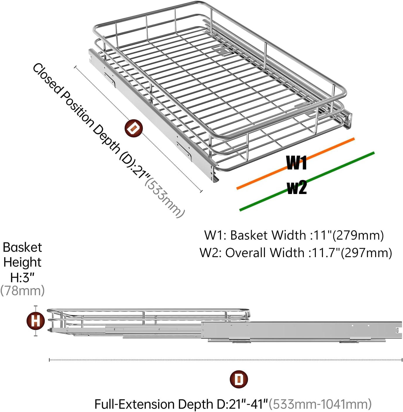 Sliding Cabinet Organizer Pull Out Shelves (11"W x 21"D), Heavy-Duty Slide Out Shelf, Steel Metal Cabinet Roll Out Shelves for Kitchen Bathroom, Chrome