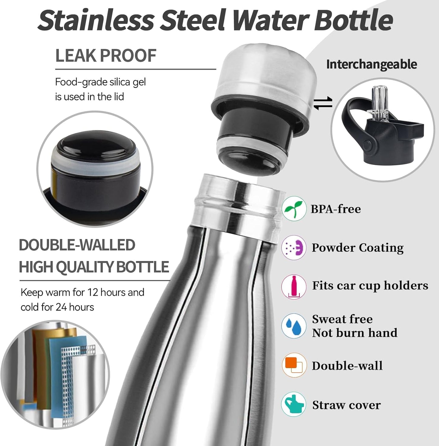 Insulated Water Bottle, 2 Pack-9oz Stainless Steel Water Bottles with straw lid, Metal Sports Water Bottles for Boys,Girls, Double Wall Vacuum BPA-Free Flask for School, Sports & Travel (Silver)